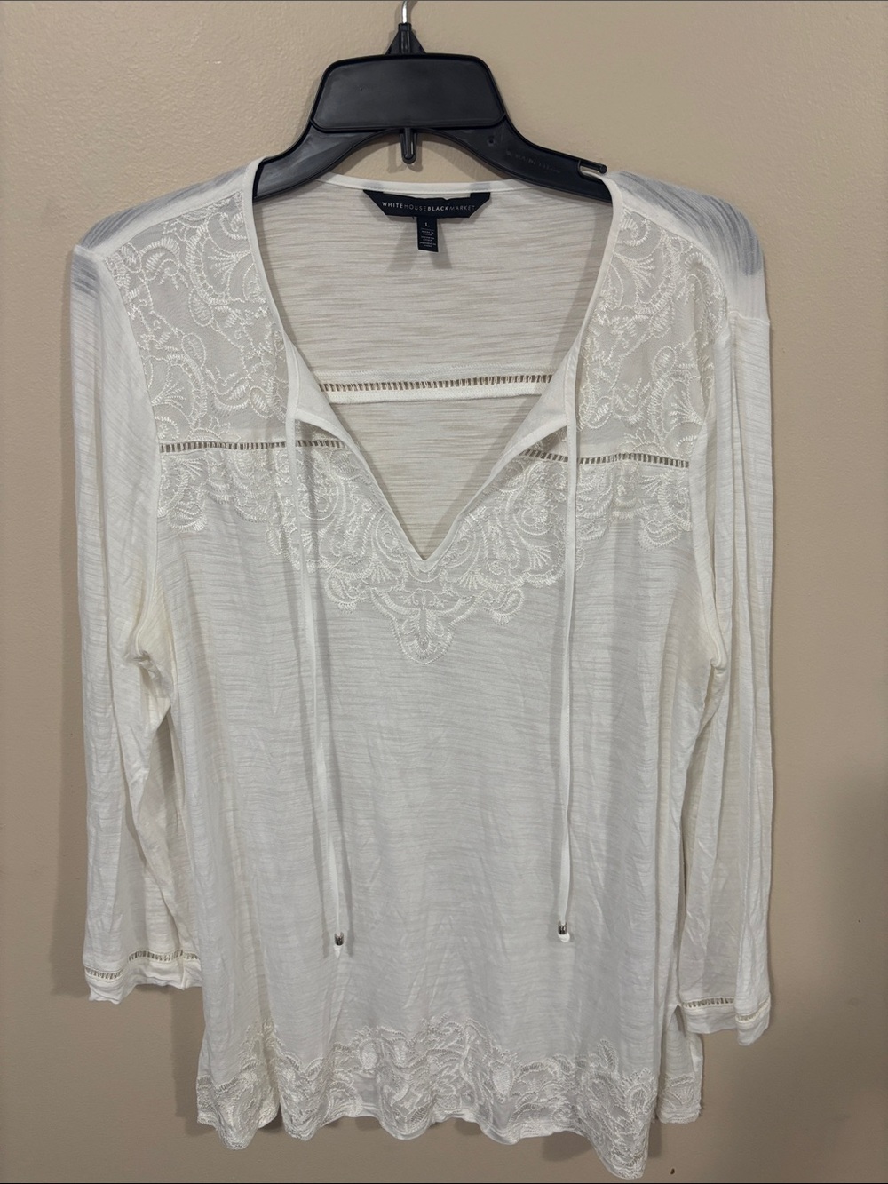 White House Black Market Embroidered Peasant Top with V-Neck and Tie